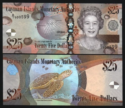 Cayman Islands 25 DOLLARS P-41 2010 Low Serial # UNC D/1 Queen Sea Turtle NOTE - Image 1 of 4