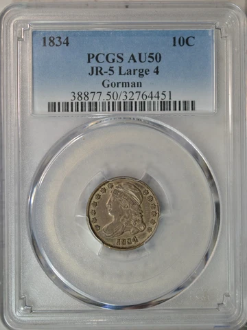 1834 Capped Bust dime, PCGS AU50..........Type Coin Company Cover