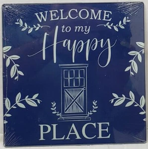 Square Glass Cutting Board/Trivet, 8" x 8", WELCOME TO MY HAPPY PLACE ON BLUE,GR - Picture 1 of 12