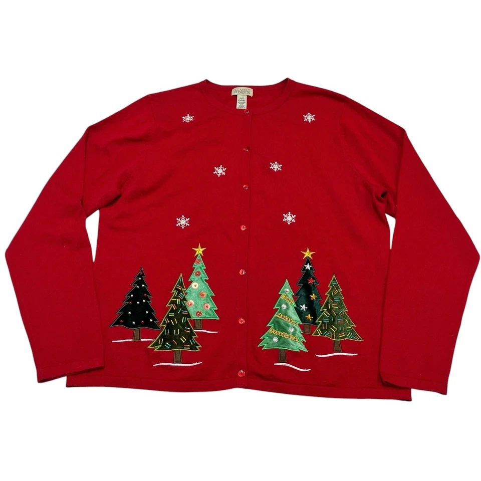 Vintage Classic Elements Cardigan Sweater Womens L Red Holiday Christmas Tree - Image 1 of 4