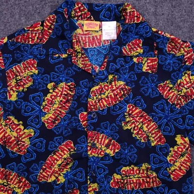 Hawaiian Tropic Shirt Mens Medium Button Up All Over Print Geometric Aztec Logo - Image 1 of 4