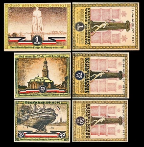 Hamburg Notgeld / 1921 / Complete Set, "Kultur u. Sport" Three Notes - UNC - Picture 1 of 1