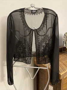 ADRIANNA PAPELL Capo Bolero da Sera con Paillettes e Perline Nero, Ret: $119 Nuovo con etichette da M a L - Foto 1 di 10