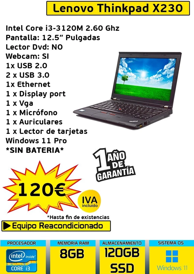 Portátil Lenovo Thinkpad X230 con procesador core i3, Windows 11 PRO - Imagen 1 de 1