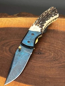 Custom Handmade 8" Folding Knife Stag Handle With Anodized Blade , Pocket Knife. - Picture 1 of 9