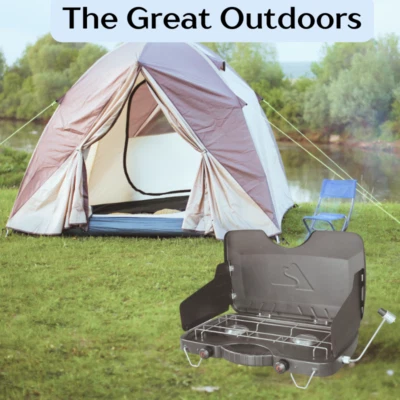 Estufa portátil de gas propano de 2 quemadores para acampar cocina al aire libre con parabrisas Foto 1 de 4