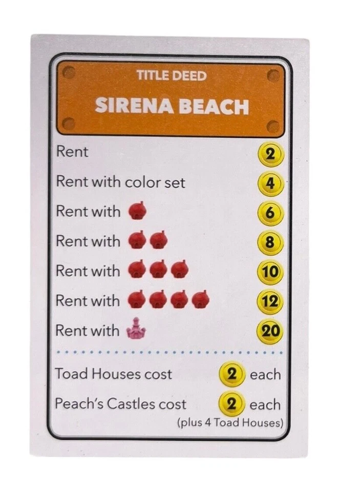 Tarjeta de título de propiedad de celebración Monopoly Super Mario Sirena Beach Foto 1 de 1