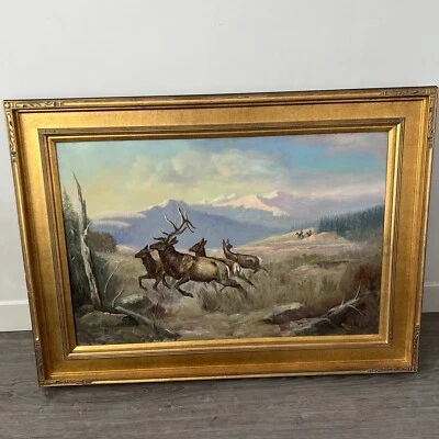Pintura original al óleo sobre lienzo de 4 alces huyendo de cazadores por Bill Chappell Foto 1 de 4