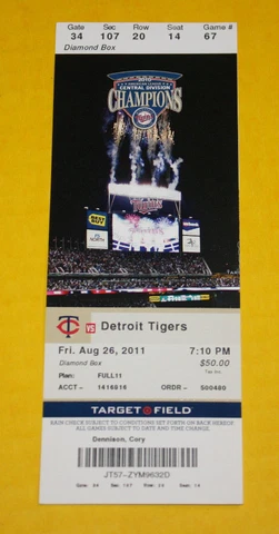 Minnesota Twins Ticket Stub | August 26 2011 | Miguel Cabera Hit Rick Porcello W Cover