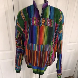 Vintage Handmade Guatemalan Jacket Textile Patchwork Bomber Serape Colorful XLG - Picture 1 of 17