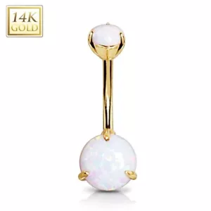 14K Massiv GOLD Doppelopal Zinken Bauchnabel Nabel Bar Ring Piercing Schmuck - Bild 1 von 3