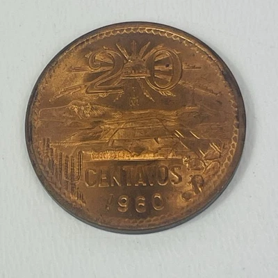 Moneda 20 Centavos México 1960 Pátina y Pirámide del Sol Teotihuacán Foto 1 de 4