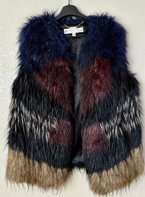 Trina Turk Designer Multicolor Faux Fur Vest Large 70’s Vibe Black Blue Brown - Image 1 of 3