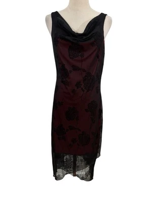 复古 90 年代 Byer Too! 红色黑色连衣裙绒天鹅绒玫瑰圆领 L 码奇姆斯戈特  — 第 1/4 张图片