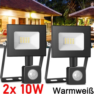 2X LED Fluter mit Bewegungsmelder 10W Außen Strahler Warmweiß Scheinwerfer Lampe - Bild 1 von 4