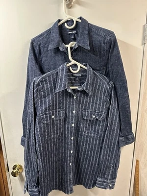 批量 2 件 Lands End 大号 长袖纽扣纯色印花牛仔布 — 第 1/4 张图片