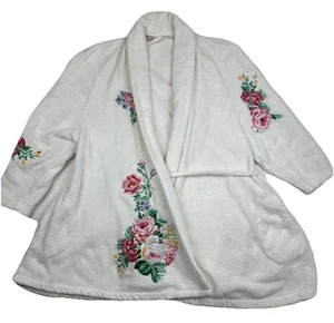 Vintage Victoria Secret Gold Label Robe OS White Terrycloth Floral Appliqué - Picture 1 of 13