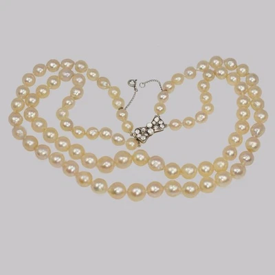 VINTAGE PEARL DIAMANTE NECKLACE with 9ct Gold Bow Clasp Two Strand 15" Restrung - Image 1 of 4