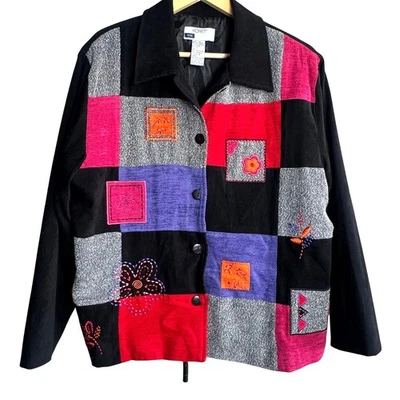 Koret XL Petite Patchwork Jacket Embroidered Button Front Colorblock Artsy Retro - Image 1 of 4
