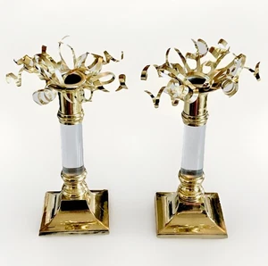 2 Dept 56 Brass Ribbon Candle Insert & Vtg Lucite Brass Candle Holders Hong Kong - Picture 1 of 11