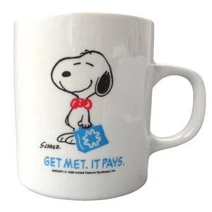 Vintage 1990 Get Met it Pays Met Life Peanuts Snoopy Ceramic Coffee Mug Cup - Picture 1 of 3