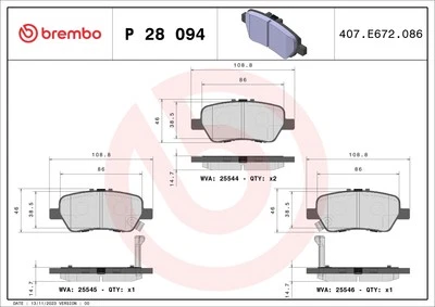 BREMBO P 28 094 BRAKE PAD SET, DISC BRAKE REAR AXLE FOR HONDA,HONDA (DONGFENG),H - Image 1 of 4