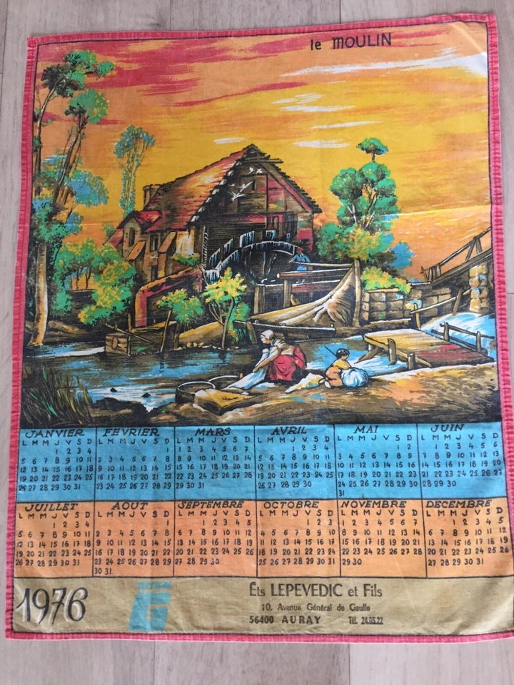 Torchon vintage calendrier 1976 Le moulin: Ets Lepevedic Auray  :  67 cm x 45 cm - Photo 1/1