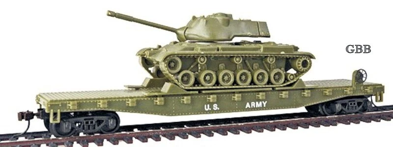 HO Scale US ARMY 50' Flat Car with PATTON TANK Model Power New in Box 99160 - Image 1 of 4