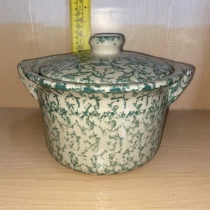 Vintage Roseville RRP Spongeware Lidded Ceramic Green Handled Crockpot VGC - Picture 1 of 8