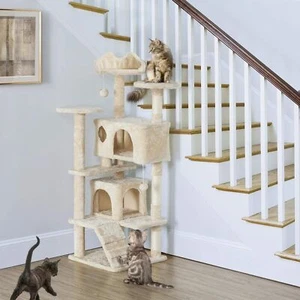 Cat Tree Tower Tall Scratching Post Activity Centre with Den Beige Large 120cm - Picture 1 of 12