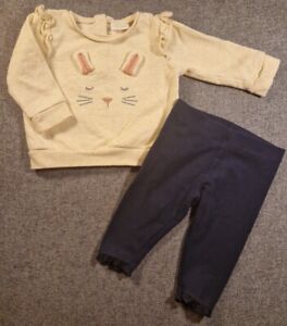 Next Baby Girls Jumper & leggings set 3-6 Months Beige Bunny Blue Outfit (322)