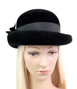 VTG Lee Bury of Dallas CHEVALIER BLACK VELOUR BOW BELTED BOWLER HAT Sz 6.5-7 - Picture 1 of 11