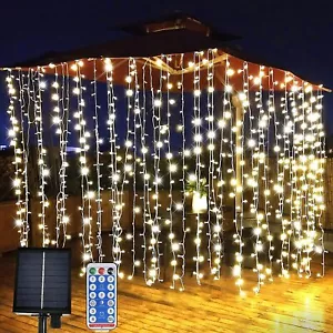 Solar Curtain Fairy Lights 300 Led  Remote Wedding Indoor Xmas Party 8 modes - Picture 1 of 14