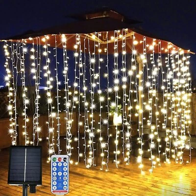 Solar Curtain Fairy Lights 300 Led  Remote Wedding Indoor Xmas Party 8 modes - Image 1 of 4