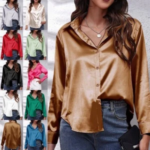 Womens Satin Slik Shirt Ladies V Neck Button-up OL Work Solid Baggy Blouse Tops - Picture 1 of 111