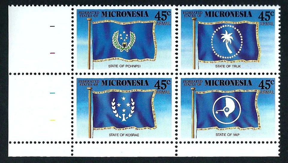MICRONESIA, SCOTT # C39-C42, PLATE BLOCK MNH FEDERATED STATES FLAGS AIRMAIL 1989 - Image 1 of 1