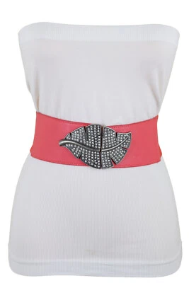 Women Coral Pink Elastic Fashion Belt Hip High Waist Leaf Metal Bling Buckle S M - Image 1 of 4