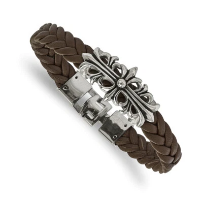 Pulsera de filigrana de cuero marrón envejecido pulido acero inoxidable cincel 8,5" Foto 1 de 2