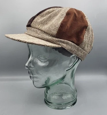 Vintage Patchwork Newsboy Cap Golfing Hat Brown Herringbone Tweed Velvet - Image 1 of 4