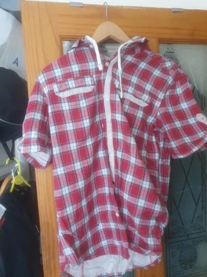 Men's Hooded Shirt Red N Grey Checked Pattern VGC Size M Medium Cotton Top Shirt - Image 1 of 4