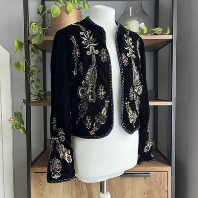 Zara Velvet Jacket M 10 Black Mix Embellished Beaded Sequin Embroidered Unworn - Image 1 of 4