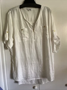 Ellen Tracy Company Shirt 2XL Soft White 100% Linen Roll Tab Sleeve Top Resort - Picture 1 of 10
