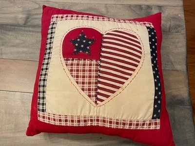Patriotic vintage handmade decorative pillow w/heart & star design 12" x 12" - Image 1 of 2