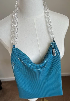 Bolso de malla metálica turquesa Whiting & Davis RARO con correa de cadena de acrílico transparente Foto 1 de 4