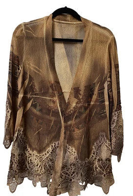 Chaqueta estampada marrón y dorado con encaje, talla mediana, sin etiquetas Foto 1 de 4