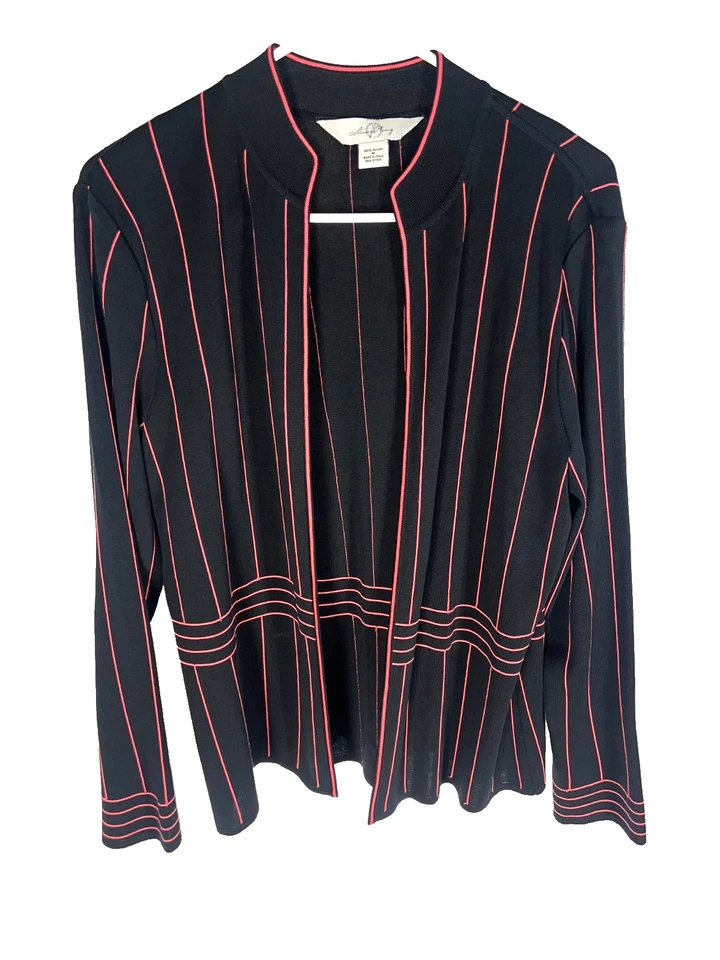 Ming Wang Medium Black Pink Open Front Cardigan Jacket Knit Womens - Image 1 of 4