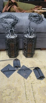 2 RARE Wrought Iron Spanish Revival Swag Lamp 17" X 7"  With Arms And Support - Image 1 of 4