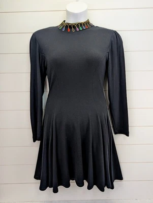 Vintage Holiday Dress Women Medium Black 90s Christmas Lights Shoulder Pads Knee - Image 1 of 4