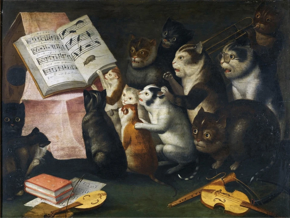 17084.Wall Decor Poster.Interior Art.Painting Glaring of Cats Making Music - Image 1 of 1