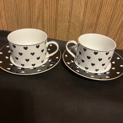 NUEVO JUEGO DE 2 tazas y platillos Grace Teaware BLANCO Y NEGRO con corazones SIN CAJA  Foto 1 de 4
